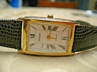 Vintage Embassy Quartz Watch Needs Battery Leather Band Swiss Parts Runs