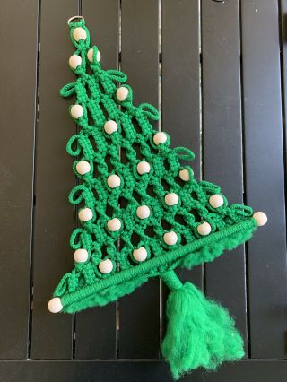 Vintage Green Macrame Christmas Tree Wall Hanging Wooden Bead Ornaments 31”