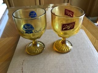 Vintage Schlitz And Pabst Beer Yellow Glass Stemmed Goblet Chalice Stein Mug