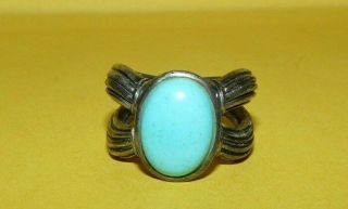 Vtg Designer " 925 " Sterling Silver W/ Turquoise Ornate Design Ring Size 7 Signed