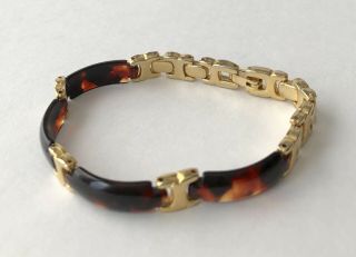 Vintage Brown Acrylic Tortoise Shell & Gold Tone Link Bracelet 6.  75 "