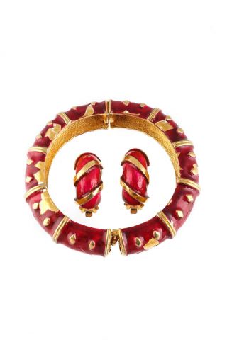 Kenneth Lane Vintage Gold - Tone Red Enamel Bangle Bracelet And Clip On Earrings