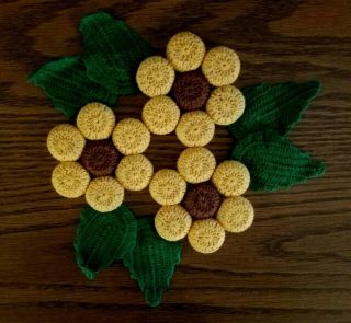 Handmade Vintage Sunflowers Crochet Bottle Cap Pot Holder Hot Pad Trivet