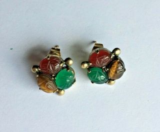 Vintage Carved Scarab Stud Earrings,  Multi Gemstone Cluster Earrings