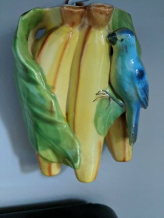 Vintage Pacific Japan Pottery Wall Pocket Vase Parrot Bird Parakeet Bananas