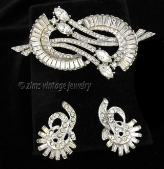 Vintage 1950’s Art Deco Style Pave Rhinestone Fan Silver Pin Brooch Earrings Set