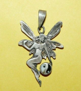 Vintage 925 Sterling Silver Winged Nude Fairy Nymph " Yin - Yang " Design Pendant