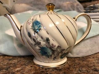 Vintage Jame Sadler England Porcelain Teapot Blue Roses & Gold Trim Misprint?