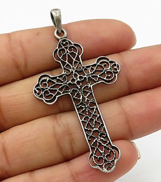 925 Sterling Silver - Vintage Cut Out Filigree Religious Cross Pendant - P2905