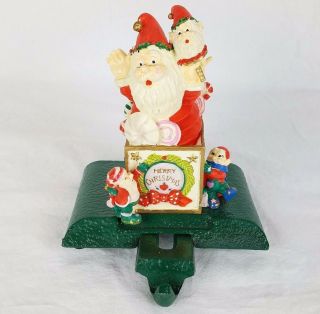 Vtg Cast Iron Hand Painted Santa Claus Elves Christmas Stocking Holder Hanger