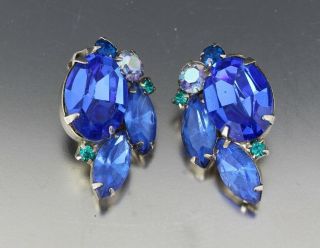 Vintage 70’s Blue & Green Crystal Glass Bead Clip On Earrings Celebrity