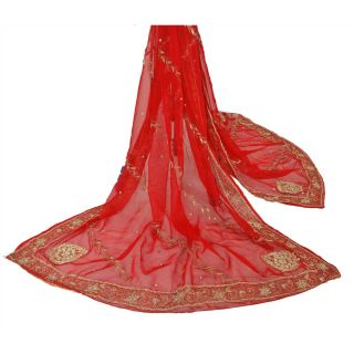 Sanskriti Vintage Dupatta Long Stole Georgette Red Shawl Hand Beaded Scarves