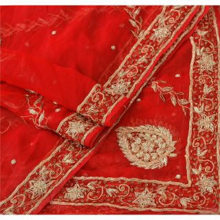 Sanskriti Vintage Dupatta Long Stole Georgette Red Shawl Hand Beaded Scarves 2