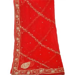 Sanskriti Vintage Dupatta Long Stole Georgette Red Shawl Hand Beaded Scarves 3