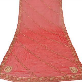 Sanskriti Vintage Dupatta Long Stole Georgette Red Shawl Hand Beaded Scarves 4