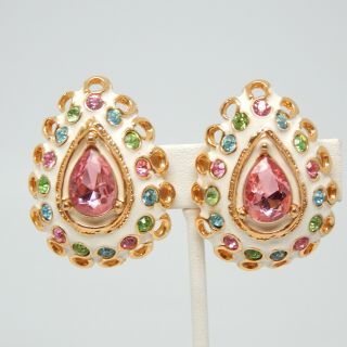 High End Retro Couture Pink Pastel Blue Green Rhinestone White Vtg Earrings