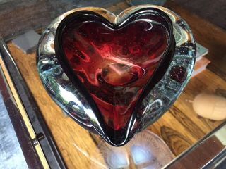 Vintage 1950s 1960s Murano Bullicante Heart Shaped Dish In Clear And Red
