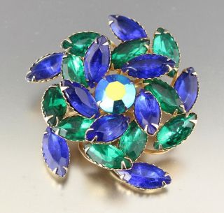 Vintage 50’s Green & Blue Crystal Glass Rhinestone Bead Brooch Pin