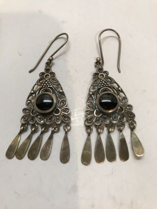 925 Sterling Silver Vintage Real Black Onyx Gemstone Dangling Bar Earrings