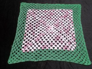 Vintage Green & Varigated Pink Crochet Doily 15 Inch Square Cd131