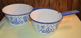 2 Vintage White Enamelware Pans W/handles With Blue Flower Trim 6 3/4 " & 7 1/2 "