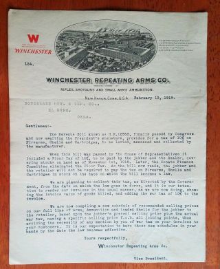 1919 Winchester Repeating Arms Co Letter Revenue Bil H R 12863