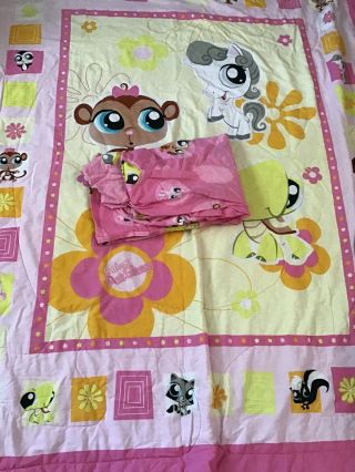 Littlest Pet Shop Twin Size Bed Quilt And Fitted Sheet Set Pink Blue Vintage