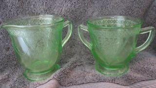 Vintage Lovebird Green Depression Glass Sugar And Creamer Set