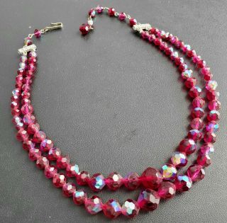 Signed Laguna Vintage Red Ab Glass Graduated Faceted Crystal Bead Necklace T15