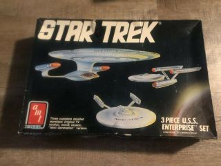Vintage Star Trek Uss Enterprise 3 Piece Set Ertl Amt Model Kit 1988 Complete
