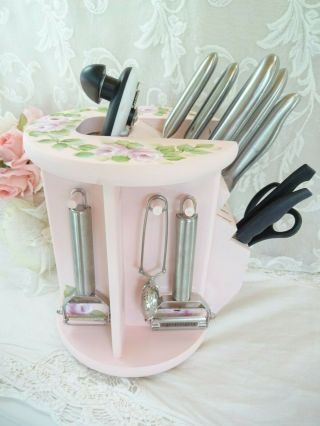 Bydas Hp Roses Spinning Kitchen Utensil Caddy Hand Painted Chic Shabby Vintage