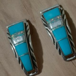 Vintage Navajo Sterling Watch Band Tips Turquoise Opal Inlay Signed Jj