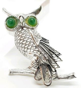 Vintage Alice Caviness Germany Sterling Silver Filigree Green Eyed Owl Brooch