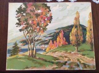 Vintage Paint By Number Painting Mountain Trees Lake Landscape Scene 16x20