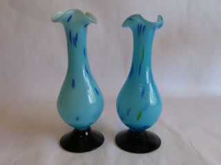 Pair (2) Vintage Hand Blown Blue Bud Vases - Black Base