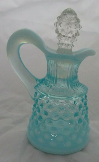 Vintage Fenton Glass Cruet With Stopper Blue Opalescent Hobnail Pattern - - 5 " Tall