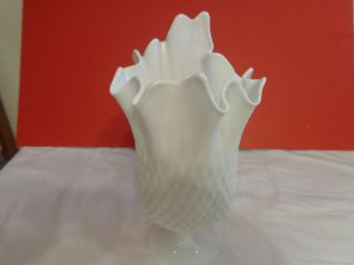 Vintage Fenton Hobnail Stretch Milk Glass Vase On Pedestal Marked Fenton