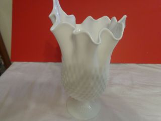 Vintage Fenton Hobnail stretch milk glass vase on pedestal marked Fenton 2