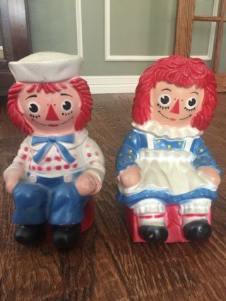 Vintage Raggedy Ann And Andy Plastic Coin Banks Bobbs Merrill 1972 10 1/2 " 6/1 - 2