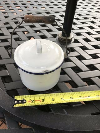 Vintage White Enamelware Tiny Pot With Lid And Wood Handle Blue Lip Enamel Ware