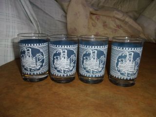 4 Vintage Currier & Ives Blue Juice Glasses Bowl Royal China 3 1/2 Inches Tall