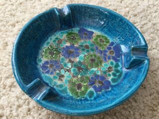 Vintage Mcm 1960 Bitossi Blue Green Floral Pottery Ceramic Ashtray Made In Italy