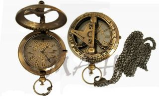 Nautical Vintage Antique Brass Sundial Pocket Watch Victoria London W Chain Gift