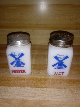 Vintage Mckee Windmill Pattern Milk Glass Salt & Pepper Shakers