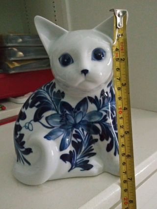 Vintage 8 " Blue & And White Floral Ceramic Cat Figure Seymour Mann Porcelain