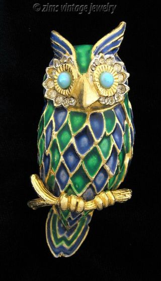 Vintage 1960’s Blue & Green Enamel Owl Bird Rhinestone Gold Figural Pin Brooch