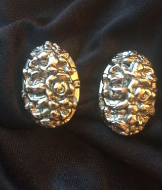 Vintage Whiting Davis Earrings Silver Tone Clips Oval Floral Design