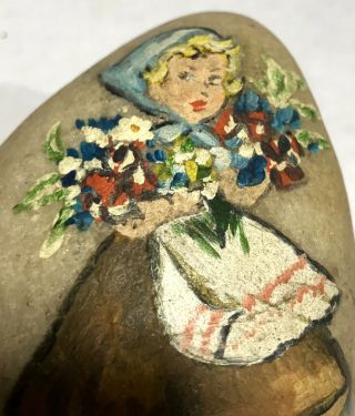 Vintage Little Girl With Flowers Hand Painted Rock Signed Rbh Plains Georgia