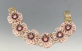 Vintage 50’s Pink Enamel & Crystal Glass Rhinestone Bead Flower Bracelet