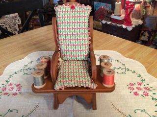 Darling,  Vintage 1930’s,  Wood Rocking Chair Pin Cushion,  Thread Holder